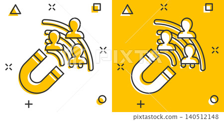 Lead conversion icon in comic style. Attract cartoon vector illustration on white isolated background. Magnet splash effect business concept. 140512148