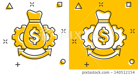 Money optimization icon in comic style. Gear effective cartoon vector illustration on white isolated background. Finance process splash effect business concept. 140512154