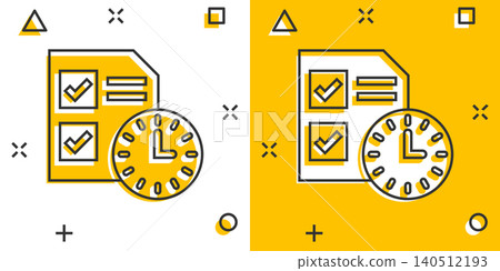 Contract time icon in comic style. Document with clock cartoon vector illustration on white background. Deadline splash effect business concept. Contract time icon in comic style. Document with clock cartoon vector illustration on white background. Deadline splash effect business concept. 140512193