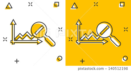 Market trend icon in comic style. Growth arrow with magnifier cartoon vector illustration on white isolated background. Increase splash effect business concept. 140512198