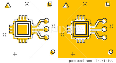 Computer chip icon in comic style. Circuit board cartoon vector illustration on white isolated background. Cpu processor splash effect business concept. Computer chip icon in comic style. Circuit board cartoon vector illustration on white isolated background. Cpu processor splash effect business concept. 140512199