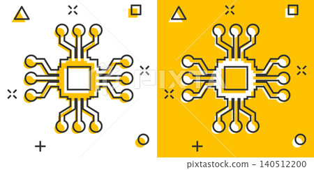 Computer chip icon in comic style. Circuit board cartoon vector illustration on white isolated background. Cpu processor splash effect business concept. Computer chip icon in comic style. Circuit board cartoon vector illustration on white isolated background. Cpu processor splash effect business concept. 140512200