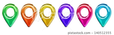 Glossy colored 3D map location pin icons in different views. Transparent glass or plastic navigation markers isolated on background for GPS, map, travel and UI design. 3d render. Glossy colored 3D map location pin icons in different views. Transparent glass or plastic navigation markers isolated on background for GPS, map, travel and UI design. 3d render. 140512355