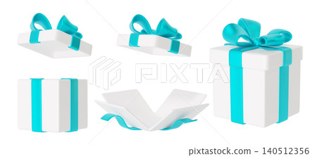 Set of elegant white Gift Boxes with turquoise ribbons and bows, open and closed presents, isolated on background. Perfect for holiday, birthday, celebration, sale, discount, Christmas, Weddings. 3d r Set of elegant white Gift Boxes with turquoise ribbons and bows, open and closed presents, isolated on background. Perfect for holiday, birthday, celebration, sale, discount, Christmas, Weddings. 3d r 140512356