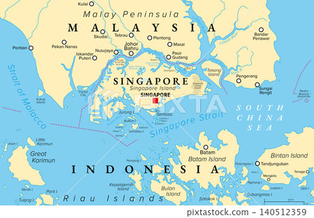 Singapore and vicinity, political map. Island country in Southeast Asia, in the South China Sea, separated from Malaysia through Johore Strait, and from Indonesia through Singapore Strait. Vector Singapore and vicinity, political map. Island country in Southeast Asia, in the South China Sea, separated from Malaysia through Johore Strait, and from Indonesia through Singapore Strait. Vector 140512359
