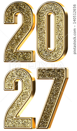 2027 New Year gold glitter sign. 3d metallic golden numbers isolated on white background. 3D render illustration.. 2027 New Year gold glitter sign. 3d metallic golden numbers isolated on white background. 3D render illustration.. 140512656