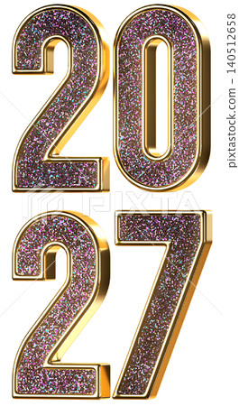 2027 New Year gold glitter sign. 3d metallic golden numbers isolated on white background. 3D render illustration.. 2027 New Year gold glitter sign. 3d metallic golden numbers isolated on white background. 3D render illustration.. 140512658