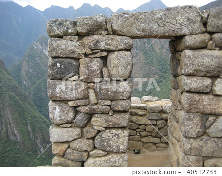 The elaborate stonework remains of dwellings at the Machu Picchu ruins 140512733