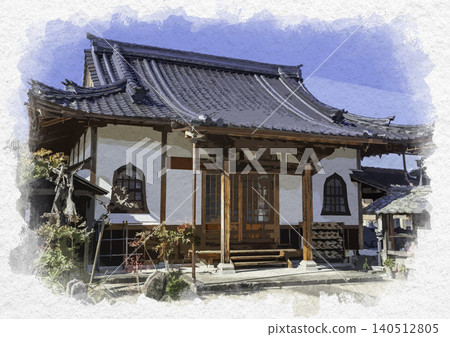 水彩風格繪畫：兵庫縣丹波笹山市觀音寺觀音殿河原町妻入商鋪 140512805