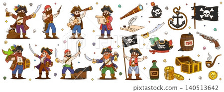 Cartoon pirate characters, funny groovy corsair captain, boatswain, skipper and sailor personages and game icons. Cartoon funny caribbean pirates with treasure map and chest, anchor, black hat, flag Cartoon pirate characters, funny groovy corsair captain, boatswain, skipper and sailor personages and game icons. Cartoon funny caribbean pirates with treasure map and chest, anchor, black hat, flag 140513642