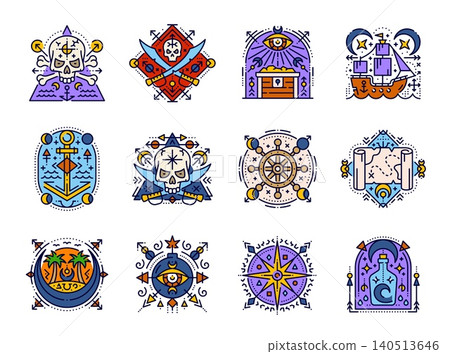 Sacred esoteric pirate symbols of vector line corsair ship, treasure island, chest and map. Pirate crossbones, skull and swords, sailboat wheel, anchor and bottle outline icons with esoteric symbols Sacred esoteric pirate symbols of vector line corsair ship, treasure island, chest and map. Pirate crossbones, skull and swords, sailboat wheel, anchor and bottle outline icons with esoteric symbols 140513646