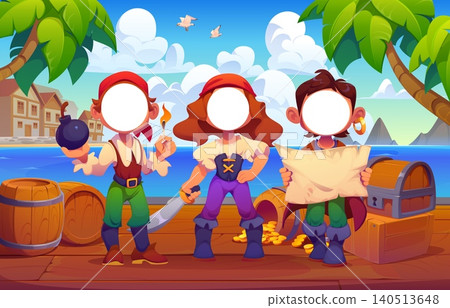 Kid Caribbean pirates photobooth with three faceless pirate characters standing on wooden dock holding bomb, sword and treasure map. Corsairs photo booth frame cutout face holes for birthday party Kid Caribbean pirates photobooth with three faceless pirate characters standing on wooden dock holding bomb, sword and treasure map. Corsairs photo booth frame cutout face holes for birthday party 140513648