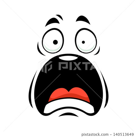 Funny cartoon face showing terrified emotion. Comic emoji character with wide startled eyes, raised brows and open screaming mouth. Shocked face for reaction stickers and educational flashcards Funny cartoon face showing terrified emotion. Comic emoji character with wide startled eyes, raised brows and open screaming mouth. Shocked face for reaction stickers and educational flashcards 140513649
