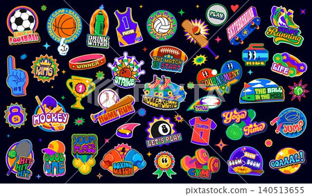 Funky sport patch y2k groovy stickers. Retro labels for gym, fitness, sport games and workouts. Vector groovy basketball jersey, football ball, skateboard, yoga, tennis and baseball equipment stickers Funky sport patch y2k groovy stickers. Retro labels for gym, fitness, sport games and workouts. Vector groovy basketball jersey, football ball, skateboard, yoga, tennis and baseball equipment stickers 140513655