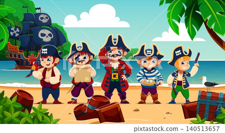 Cartoon kid pirate, skipper, boatswain and sailor ship crew characters at tropical island searching treasure with map and compass. Cute kid pirates with hats and eyepatch, black sail ship and parrot Cartoon kid pirate, skipper, boatswain and sailor ship crew characters at tropical island searching treasure with map and compass. Cute kid pirates with hats and eyepatch, black sail ship and parrot 140513657