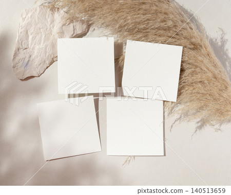 Blank square cards mockup on pampas grass and beige stone top view, boho wedding stationery Blank square cards mockup on pampas grass and beige stone top view, boho wedding stationery 140513659