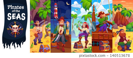 Cartoon pirate and corsair characters on treasure island and ship deck collage. Happy woman sailor with treasure chest and sword, captain with spyglass telescope, funny pirate characters with gold Cartoon pirate and corsair characters on treasure island and ship deck collage. Happy woman sailor with treasure chest and sword, captain with spyglass telescope, funny pirate characters with gold 140513678