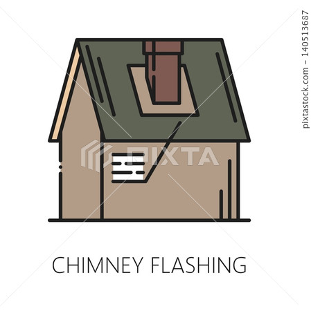 House roof chimney flashing installation line icon or sign. Property construction symbol, house roofing renovation outline vector sign. Home roof maintenance company icon or pictogram 140513687