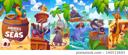 Cartoon animal pirate characters collage with cute captain and sailor corsairs at treasure island. Funny parrot, crab and shark, happy giraffe, koala, pelican and mongoose animal pirate characters Cartoon animal pirate characters collage with cute captain and sailor corsairs at treasure island. Funny parrot, crab and shark, happy giraffe, koala, pelican and mongoose animal pirate characters 140513693