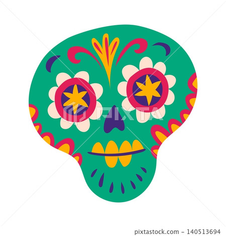 Day of the Dead Mexican green colorful sugar skull. Hispanic culture sugar skull, Dia de Los Muertos vector decoration. Day of the Dead skeleton head with symmetrical floral flower petal ornaments Day of the Dead Mexican green colorful sugar skull. Hispanic culture sugar skull, Dia de Los Muertos vector decoration. Day of the Dead skeleton head with symmetrical floral flower petal ornaments 140513694