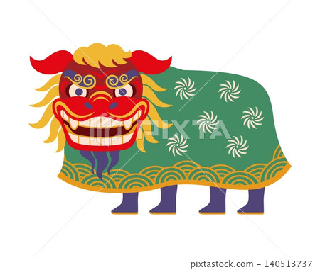 Japanese New Year lion dance shishi mai icon with red mask, green patterned cloth and golden mane. Playful festive Japan symbol evoking Asian celebration, tradition, culture, festival and good luck Japanese New Year lion dance shishi mai icon with red mask, green patterned cloth and golden mane. Playful festive Japan symbol evoking Asian celebration, tradition, culture, festival and good luck 140513737