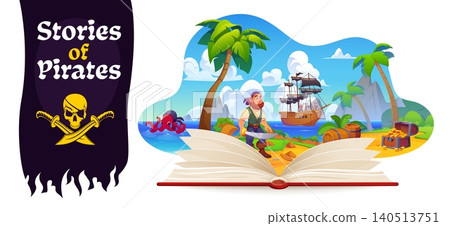 Opened book with pirates and corsairs stories featuring sailing ship, treasure chest and pirate on tropical island. Playful cartoon design for educational materials or library posters Opened book with pirates and corsairs stories featuring sailing ship, treasure chest and pirate on tropical island. Playful cartoon design for educational materials or library posters 140513751