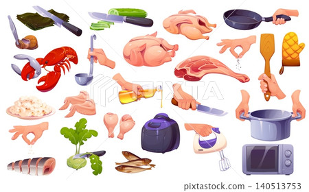 Cook food, cooking processes and kitchen utensil. Cartoon vector set of ingredients like meat, chicken, seafood and vegetable, culinary tools and actions as slicing, stirring, frying and boiling Cook food, cooking processes and kitchen utensil. Cartoon vector set of ingredients like meat, chicken, seafood and vegetable, culinary tools and actions as slicing, stirring, frying and boiling 140513753