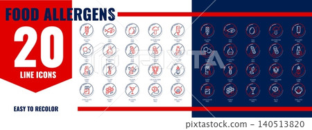 Allergen free food icons, allergy ingredient line pictograms, showing gluten, peanut, shellfish, dairy and egg, soy, mustard and sesame triggers for menu labels, packaging and dietary information Allergen free food icons, allergy ingredient line pictograms, showing gluten, peanut, shellfish, dairy and egg, soy, mustard and sesame triggers for menu labels, packaging and dietary information 140513820