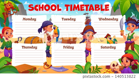 School education timetable schedule with cartoon funny kids and animal pirates. Template for activity and lessons planning with children on sunny tropical beach with parrot, ape and treasure chest 140513822