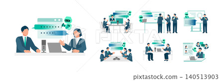 A set of illustrations illustrating business meeting scenarios using an AI-powered automated meeting minutes creation tool. A set of illustrations illustrating business meeting scenarios using an AI-powered automated meeting minutes creation tool. 140513903