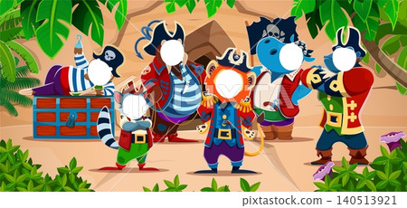 Caribbean animal pirates characters photobooth with photo cutout face holes. Cartoon photobooth board featuring vibrant lion, hippo, sloth and raccoon in pirate costumes for kids photos Caribbean animal pirates characters photobooth with photo cutout face holes. Cartoon photobooth board featuring vibrant lion, hippo, sloth and raccoon in pirate costumes for kids photos 140513921