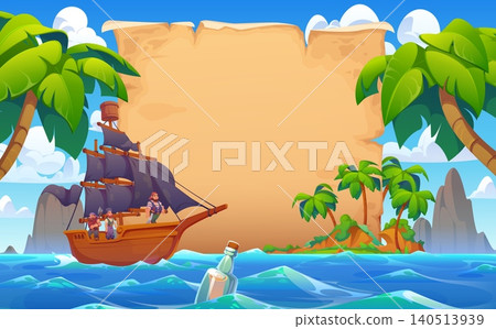 Old paper scroll with pirate sail ship. Cartoon glass bottle with treasure map. Nautical scene with pirates and tropical palm trees for party posters, invitations and adventure games 140513939
