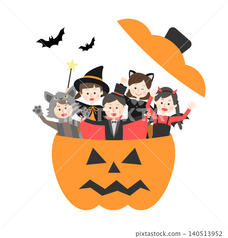 Costumed children popping out of Halloween pumpkins Costumed children popping out of Halloween pumpkins 140513952
