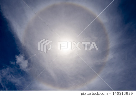 Sun Halo Over Blue Sky With Circular 22-Degree Halo And Thin High Clouds Sun Halo Over Blue Sky With Circular 22-Degree Halo And Thin High Clouds 140513959