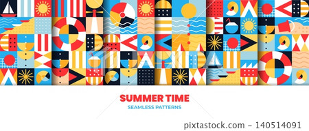 Travel and vacation seamless patterns, summer time journey geometric backgrounds. Sun, water waves and sea beach, boat, lighthouse and lifebuoy, cocktail and seashell abstract travel shapes patterns Travel and vacation seamless patterns, summer time journey geometric backgrounds. Sun, water waves and sea beach, boat, lighthouse and lifebuoy, cocktail and seashell abstract travel shapes patterns 140514091
