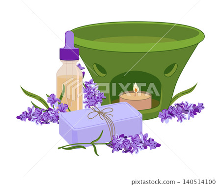 Vector spa accessories. Lavender soap, bottle of essential oil and green aroma lamp. Fresh lavender sprigs for calming atmosphere. Perfect for promoting health, aromatherapy, and beauty products. 140514100