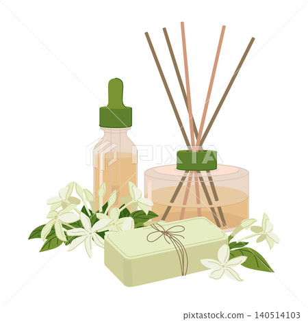 Vector illustration of jasmine household items. An aroma diffuser, a dropper bottle with essential oil, and handmade soap. Fresh Jessamine flowers. Ideal for spa treatments, wellness, and aromatherapy Vector illustration of jasmine household items. An aroma diffuser, a dropper bottle with essential oil, and handmade soap. Fresh Jessamine flowers. Ideal for spa treatments, wellness, and aromatherapy 140514103
