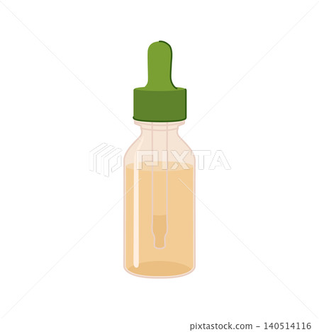 Vector bottle with a pipette. Glass bottle with essential oil. Cosmetic skin serum on a white background. Dropper bottle flat illustration design. Vector bottle with a pipette. Glass bottle with essential oil. Cosmetic skin serum on a white background. Dropper bottle flat illustration design. 140514116