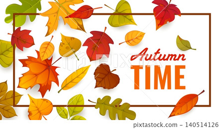 Autumn season time sale banner. Brown framed banner featuring maple, oak, chestnut, birch, and linden leaves with Autumn time text. Vector design for fall promotions or seasonal store discounts Autumn season time sale banner. Brown framed banner featuring maple, oak, chestnut, birch, and linden leaves with Autumn time text. Vector design for fall promotions or seasonal store discounts 140514126