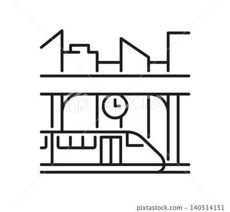 City or subway train locomotive, railway line icon or pictogram. Railway linear icon, public transport locomotive vector sign. Transportation Industry symbol with high speed train on station platform 140514151