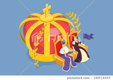 3D Isometric Flat Vector Illustration of Monarchy, Crown, Scepter And Royal Robes On Regal Background 3D Isometric Flat Vector Illustration of Monarchy, Crown, Scepter And Royal Robes On Regal Background 140514343