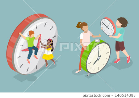 3D Isometric Flat Vector Illustration of Clock And Kids, Learning Time, Punctuality, And Numbers. 3D Isometric Flat Vector Illustration of Clock And Kids, Learning Time, Punctuality, And Numbers. 140514393