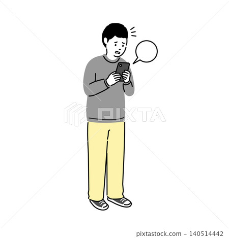 A full-body illustration of a middle school boy looking surprised and troubled after looking at his smartphone, representing the troubles associated with social media and messaging. 140514442