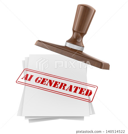AI generated document stamp on paper sheets, synthetic content concept. 3D rendering AI generated document stamp on paper sheets, synthetic content concept. 3D rendering 140514522