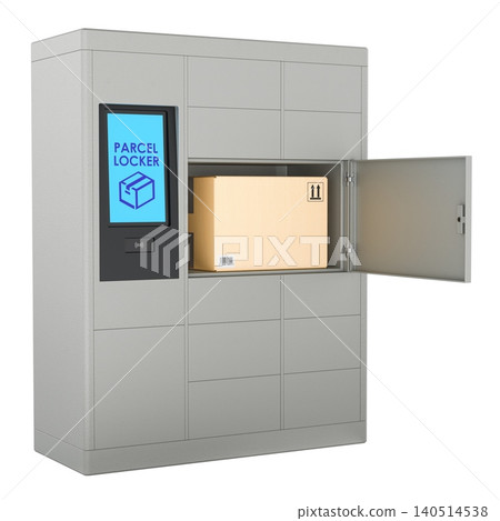 Parcel locker with package, automated delivery pickup cabinet. 3D rendering Parcel locker with package, automated delivery pickup cabinet. 3D rendering 140514538