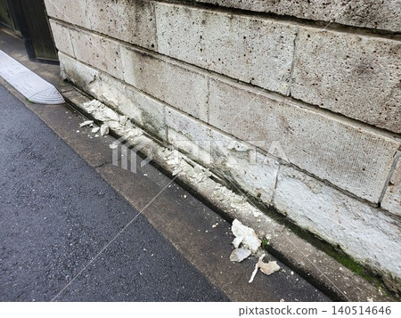 A scene of a wall and pathway made of Oya stone, damaged and with its surface peeling off due to aging. A scene of a wall and pathway made of Oya stone, damaged and with its surface peeling off due to aging. 140514646