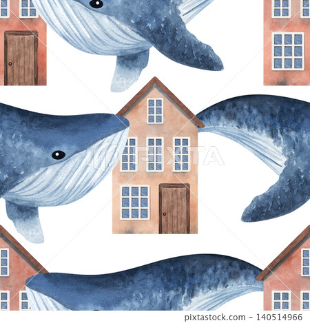 Whimsical seamless watercolor pattern with giant blue whales and charming Nordic houses. Storybook-inspired coastal design combining marine life and seaside architecture in a playful fantasy style Whimsical seamless watercolor pattern with giant blue whales and charming Nordic houses. Storybook-inspired coastal design combining marine life and seaside architecture in a playful fantasy style 140514966