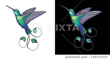 Flying hummingbird with curly tail feathers Flying hummingbird with curly tail feathers 140515024