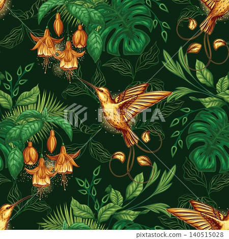 Seamless pattern with golden hummingbird, foliage Seamless pattern with golden hummingbird, foliage 140515028