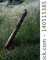 Old wooden fence post with barbed wire line separating long grass field 140515385